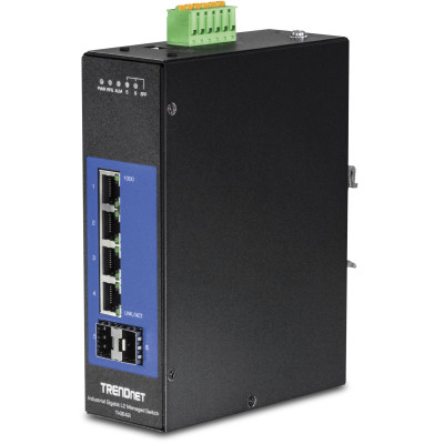 TRENDnet TI-G642i 6-Port Ethernet Switch, 4 Gigabit ethernet ports, 2 Gigabit SFP slots, 12 Gbps switching capacity, DIN-rail/wall mount